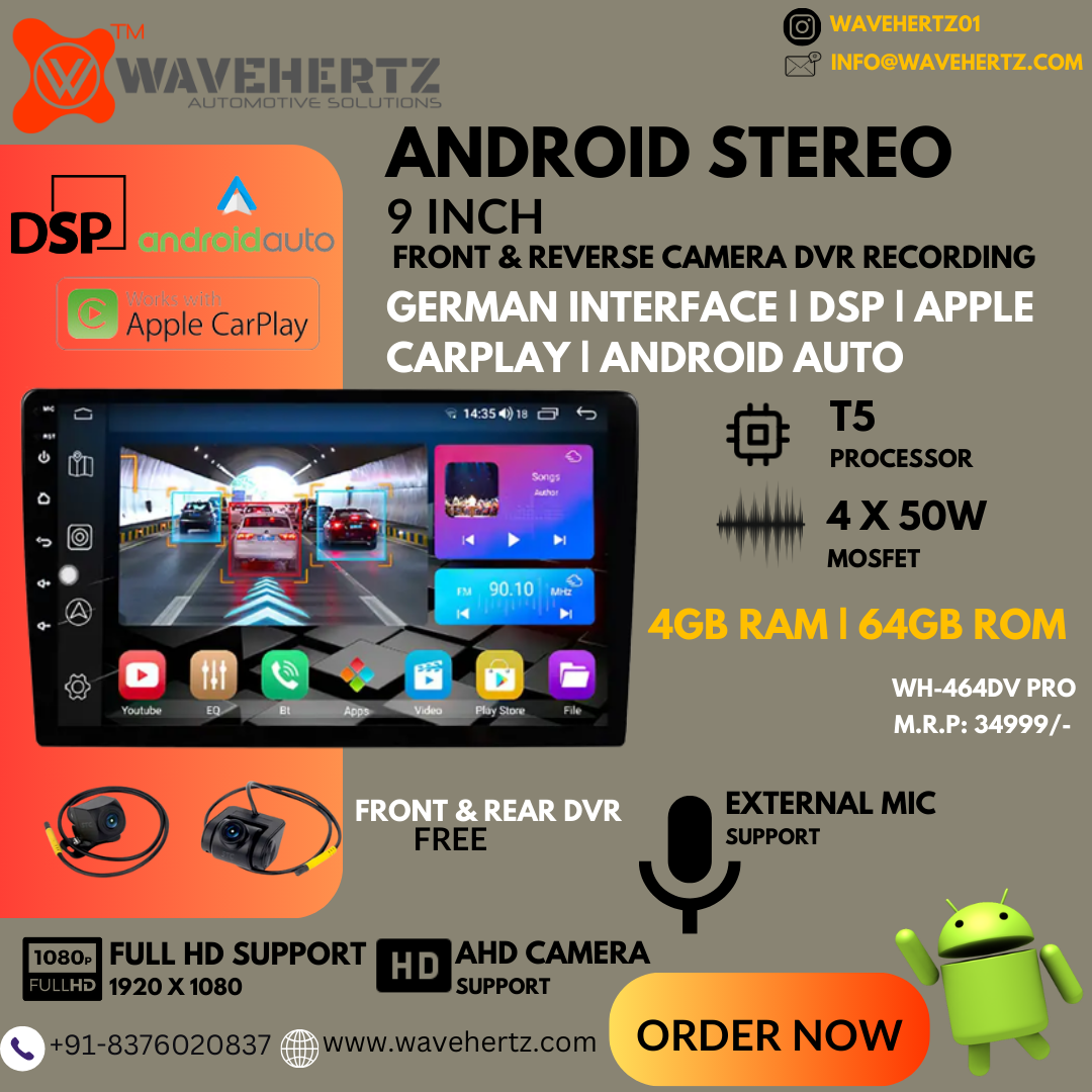 Wavehertz 9 inch android stereo 4GB 64GB With Wireless Apple CarPlay Android Auto With Frame DSP With FRONT & Reverse camera