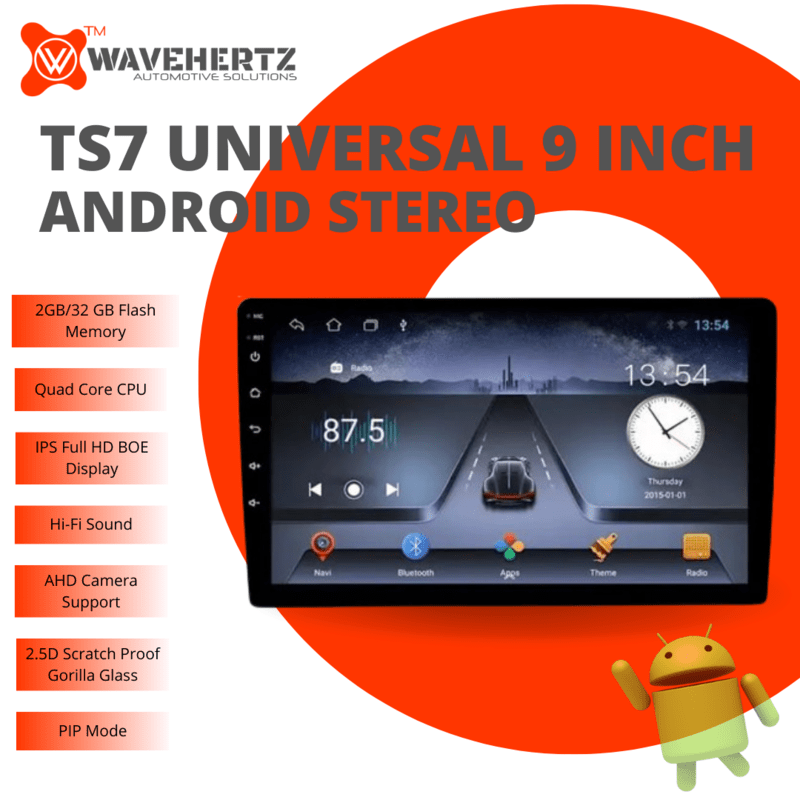 Universal TS7 9 Inch Android Car Stereo 2GB RAM/32GB | Capacitive Touch Screen | 1280P HD Screen | Wi-Fi | Quad Core CPU | Bluetooth | GPS Navigation Support