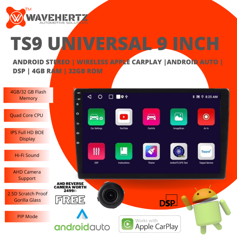 Universal TS9 9 Inch Android Car Stereo 4GB RAM | 32GB ROM | Wireless Apple CarPlay | Android Auto | DSP | IPS Screen | Wi-Fi | Quad Core CPU | Bluetooth | GPS Navigation Support | AHD Reverse Camera