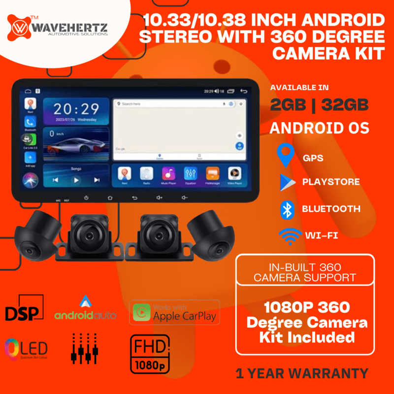 Universal 10.33/10.38 Inch Android Car Stereo | 2GB RAM 32GB ROM | Wireless Apple CarPlay | Android Auto | In-Built 360 Support | DSP | Full HD | With 360 Degree Camera Kit