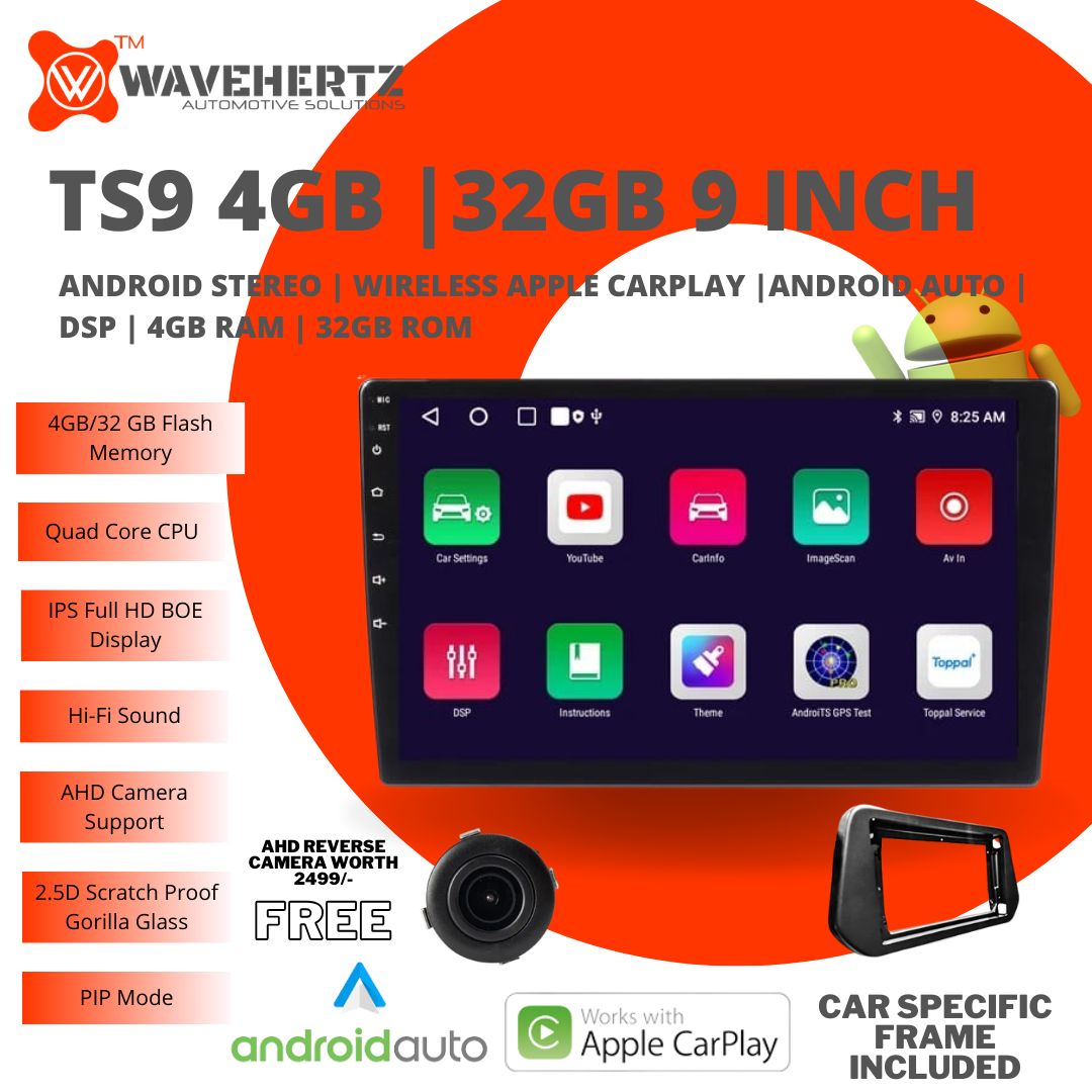 TS9 9 Inch Android Car Stereo 4GB RAM | 32GB ROM | Wireless Apple CarPlay | Android Auto | DSP | IPS Screen | Wi-Fi | Quad Core CPU | Bluetooth | GPS Navigation Support | AHD Reverse Camera